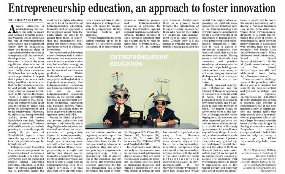 Entrepreneurship education, an approach to foster innovation by The Daily Observer, Eduvista section, Bangladesh