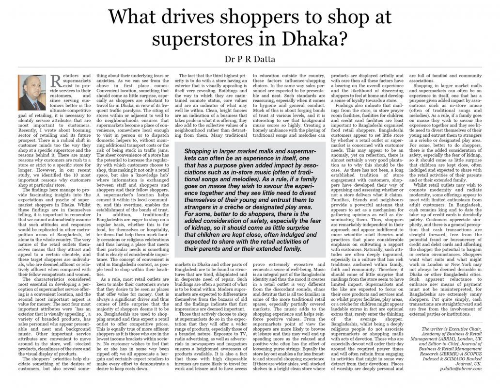What drives shoppers to shop at superstores in Dhaka? by The Daily Asian Age, Op-Ed section, Bangladesh