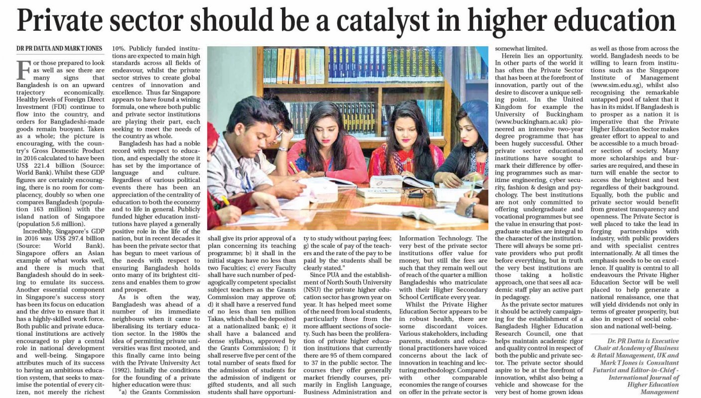 Private sector should be a catalyst in Higher Education by The Daily Observer, Eduvista section, Bangladesh
