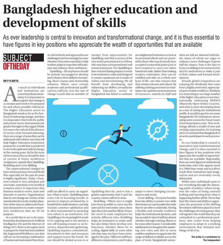 Bangladesh Higher Education and Skills development by Daily Independent (OP-Ed section)