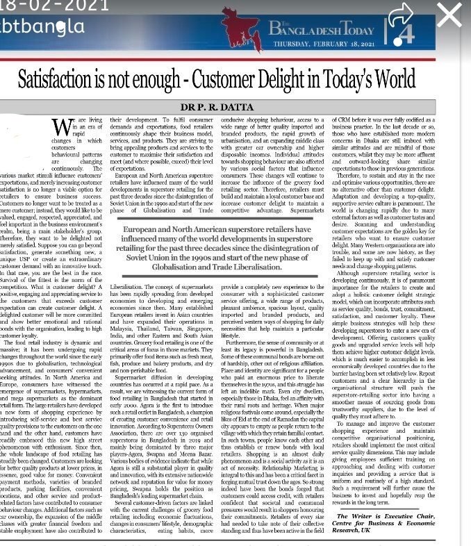 Satisfaction is not enough-Customer delight in Today`s world by Bangladesh Today