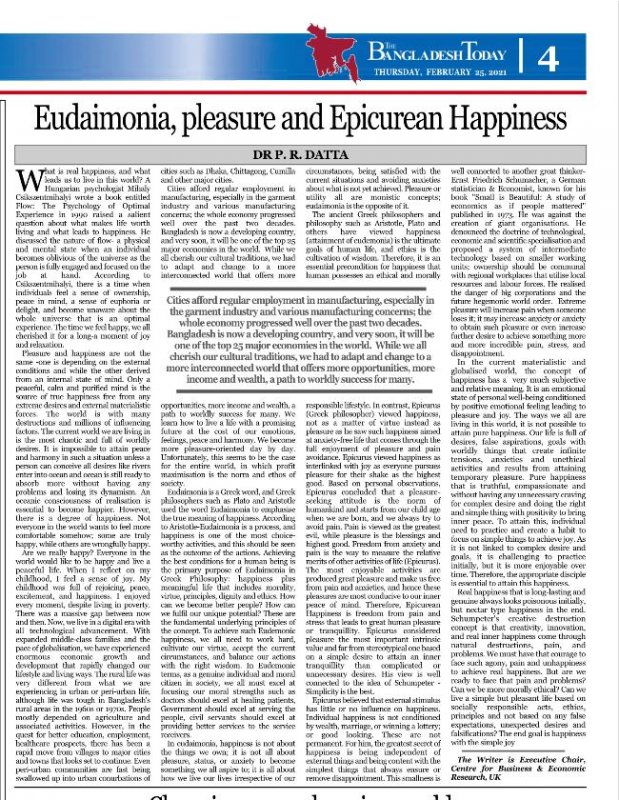 Eudaimonia, pleasure and epicurean happiness by Bangladesh Today