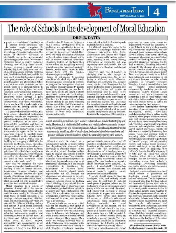 The role of Schools in the development of Moral Education by The Bangladesh Today