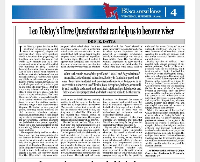 The Bangladesh Today by Leo Tolstoy and three questions