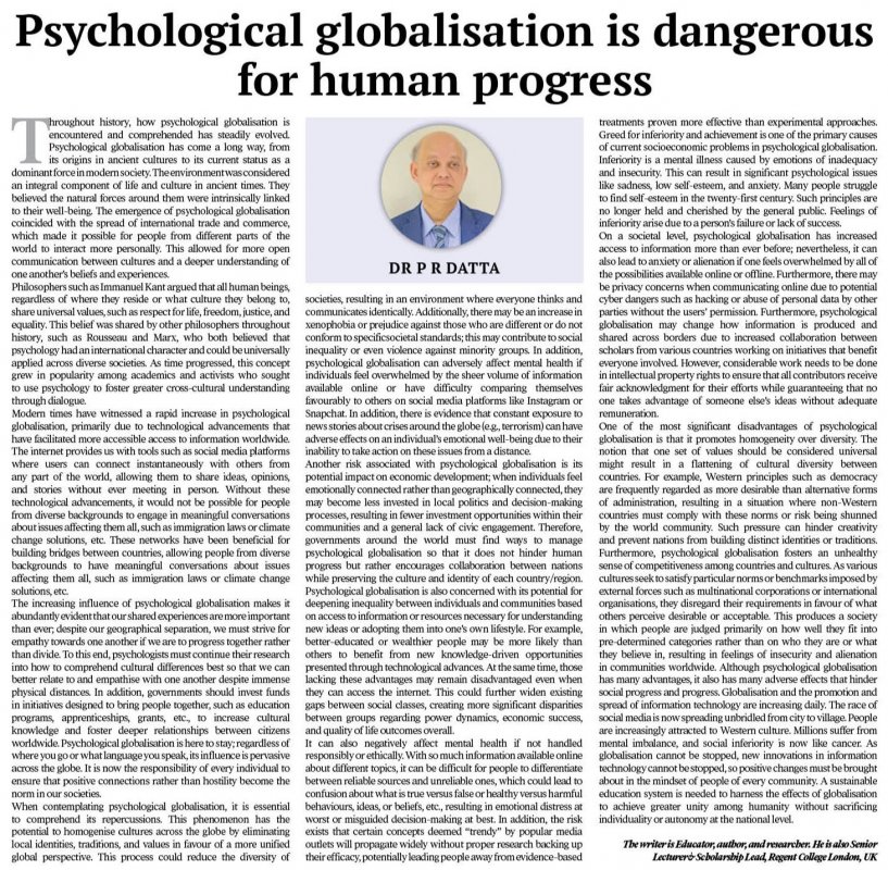 The daily Messenger by Psychological globalisation is dangerous for human progress