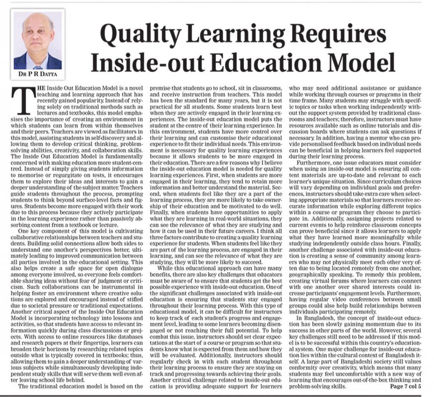 daily Sun by Quality Learning Requires Inside-out Education Model