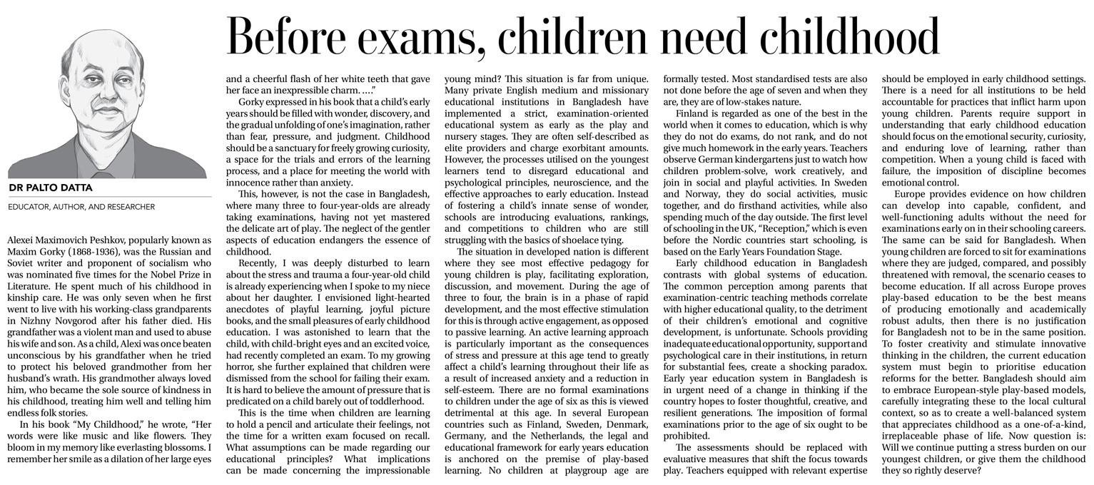 Daily Times of Bangladesh by Before exams, children need childhood
