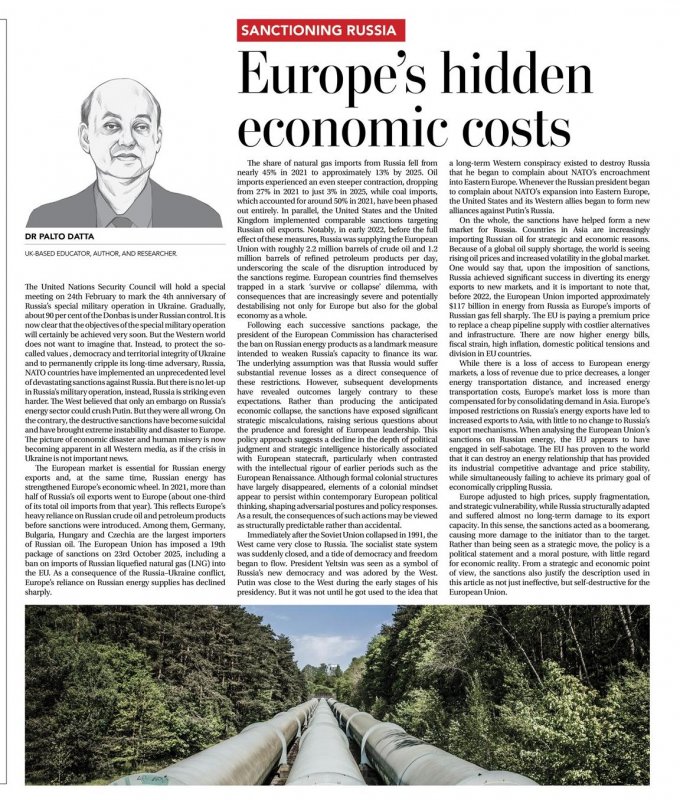 Daily Times of Bangladesh by Sanctioning Russia, Straining Europe Europe's Hidden Economic Costs